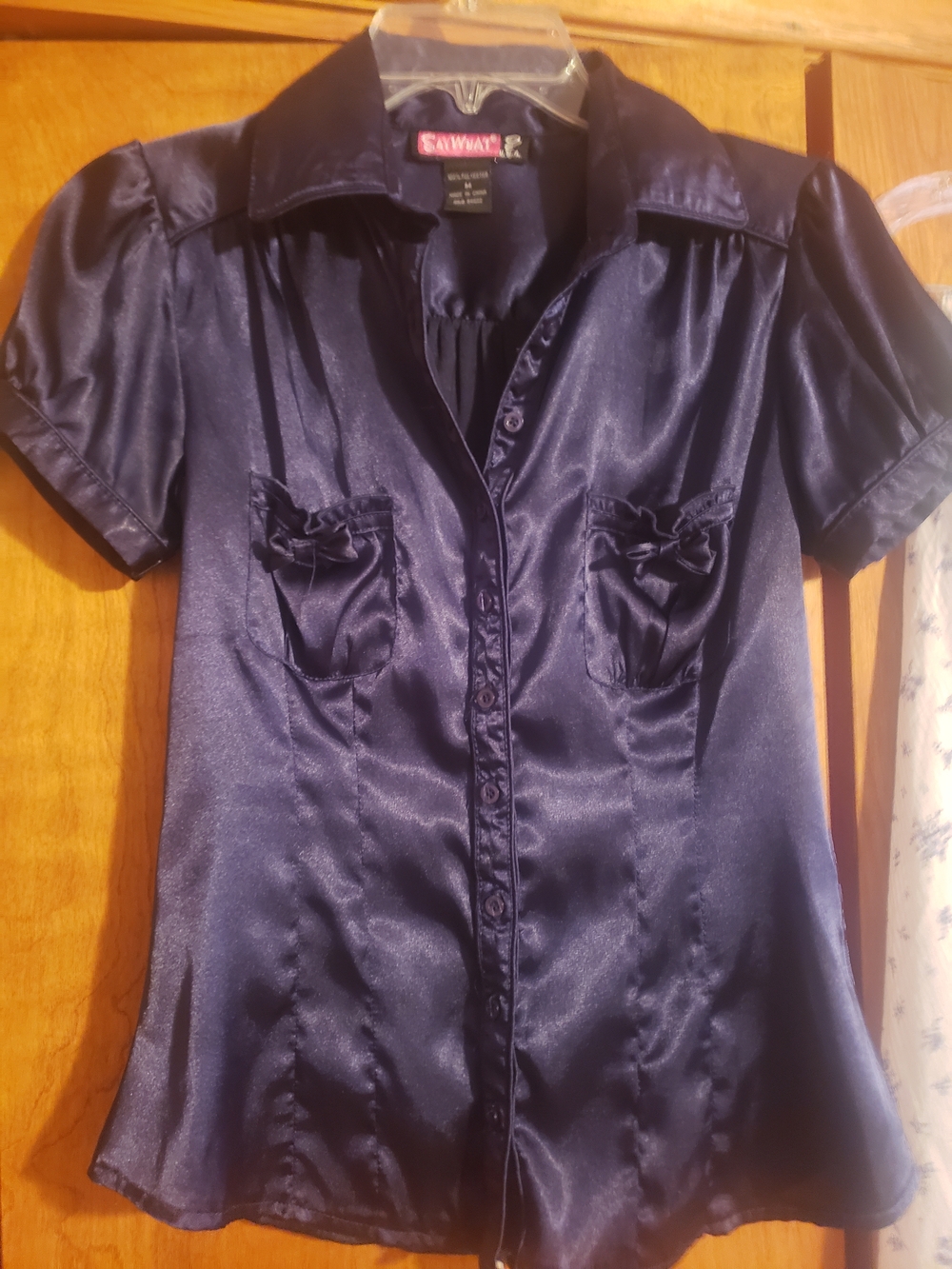 Say What? Women's Navy Satin Short-Sleeve Button-Down Top